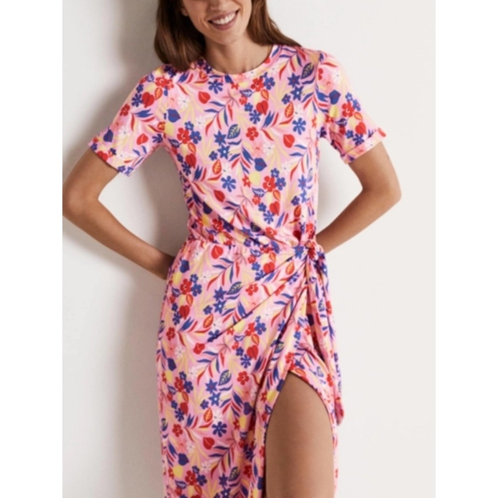 Boden Amanda Pink Floral Midi Dress Side Tie Size 16/18 Cottagecore Summer - Picture 3 of 12